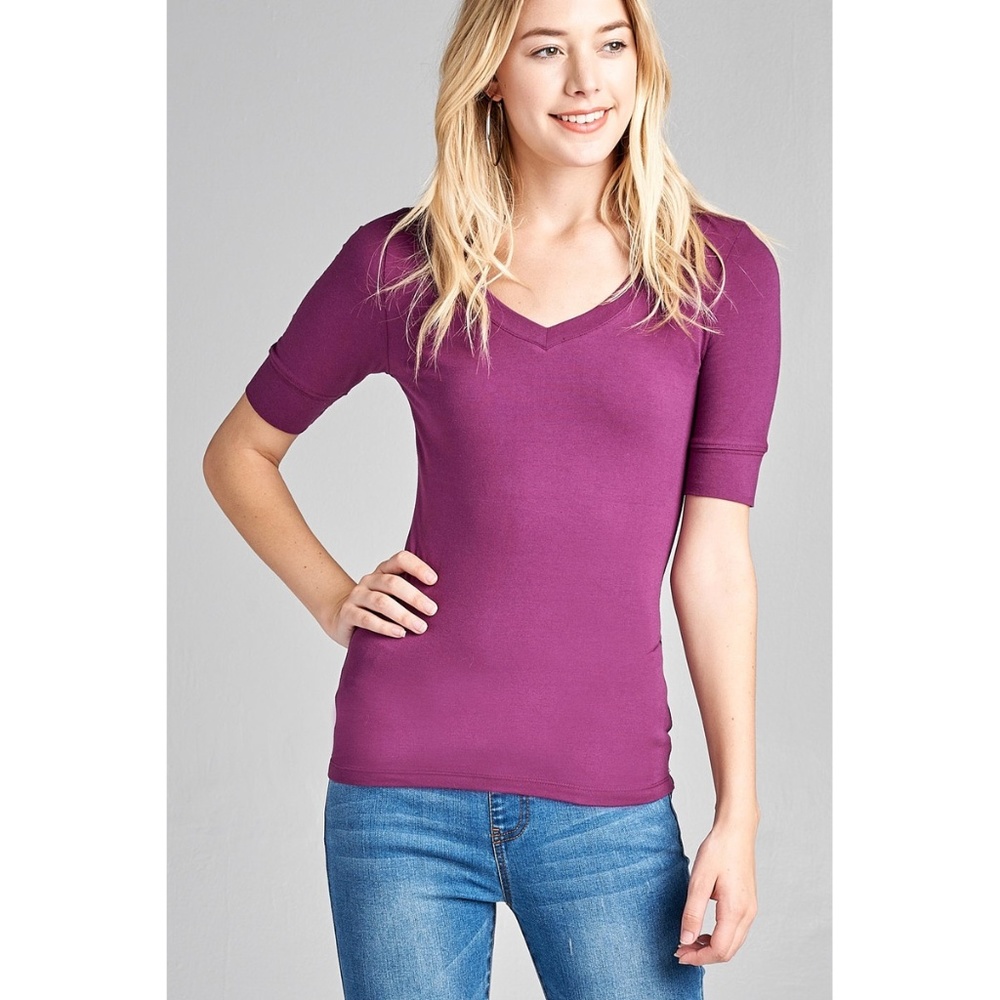 Basic Violet V-Neck Elbow Sleeve Tee
